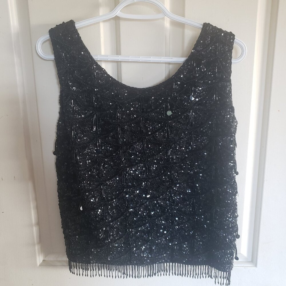 Glamour Girl Vintage 60"s black beaded and sequentin top/fringed hem
